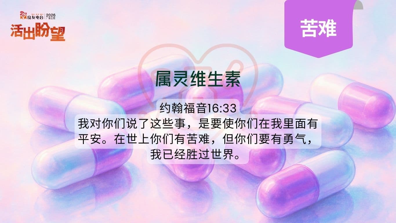 约翰福音16:33说：“我对你们说了这些事，是要使你们在我里面有平安。在世上你们有苦难，但你们要有勇气，我已经胜过世界。” 